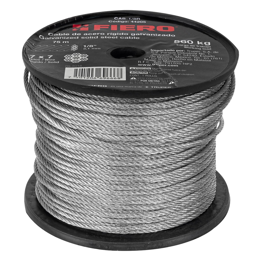 CABLE DE ACERO 1/8", RIGIDO CAB-1/8R FIERO TRUPER #25463