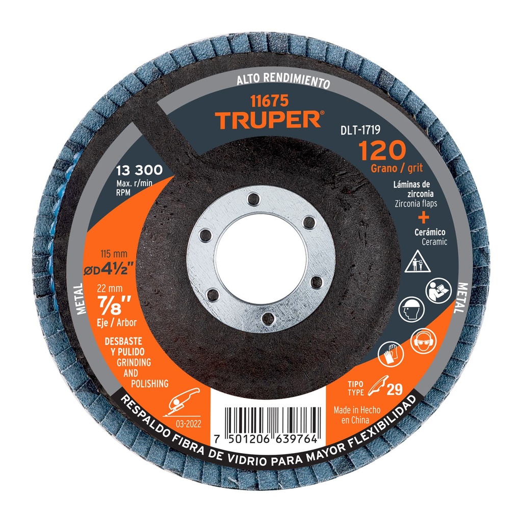 DISCO FLAP 41/2"X7/8" GRANO 120 DLT-1719 TRUPER #13453